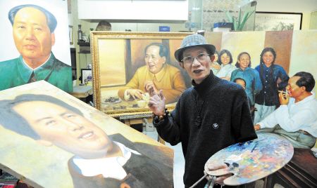 长沙油画家杨克起身后的《毛主席在火宫殿吃臭豆腐》油画再现了55年前的温馨一幕